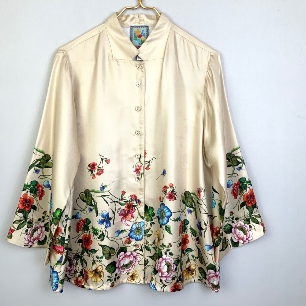 Johnny Was Medium Cio 100% Silk Gold Floral Button Down Blouse Mandarin Collar